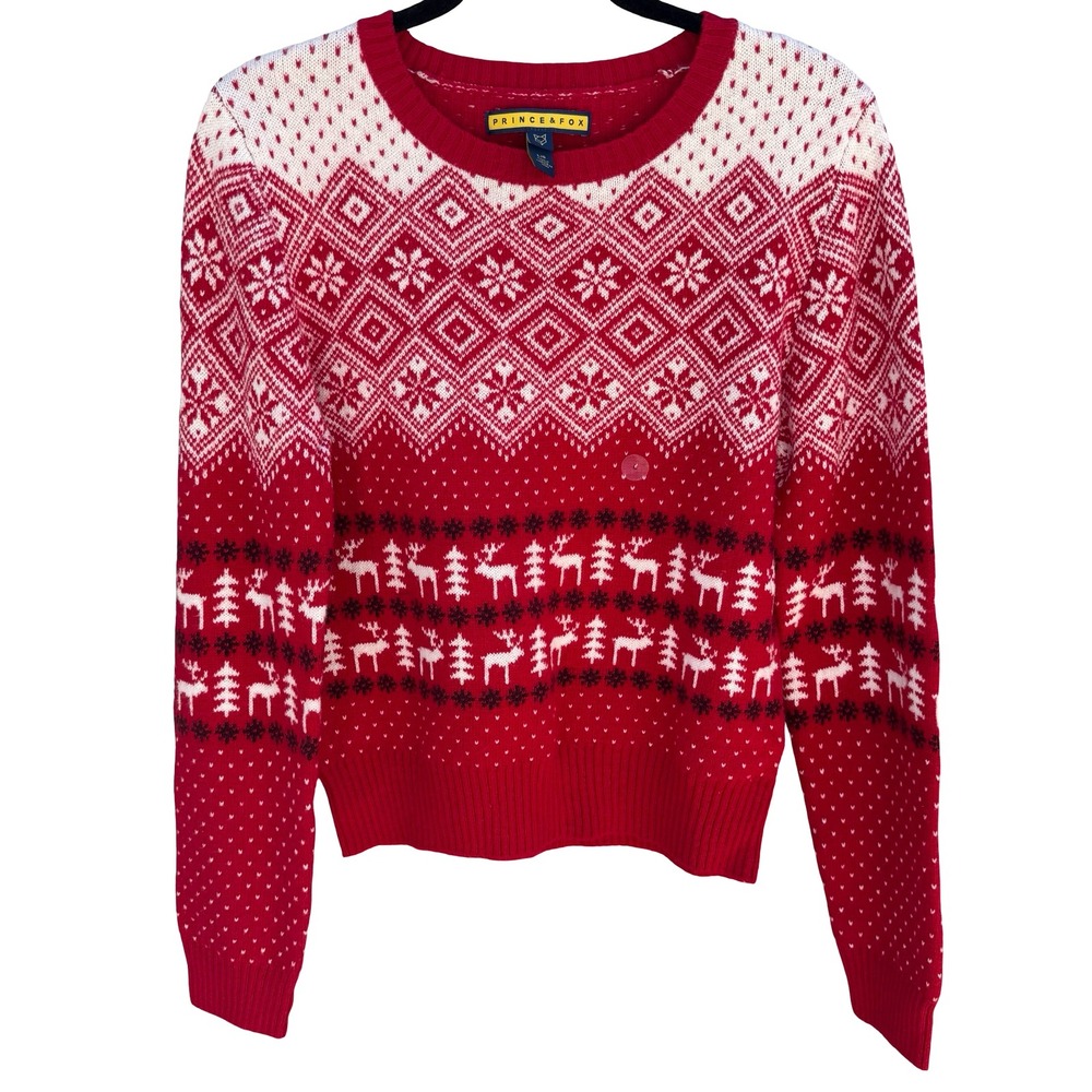 Prince & Fox Fair Isle Reindeer Snowflake‎ Nordic Knit Sweater Red Mens L NEW